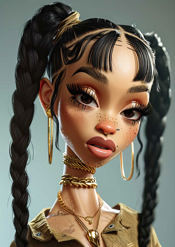 A digital art portrait of a woman with braided hair and gold accessories.