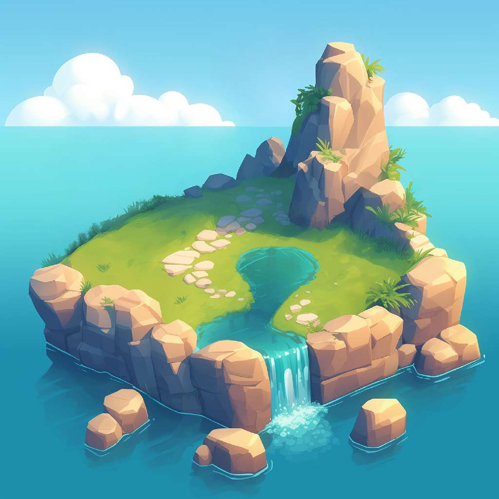 A cartoon island with a small waterfall and greenery surrounded by blue waters.