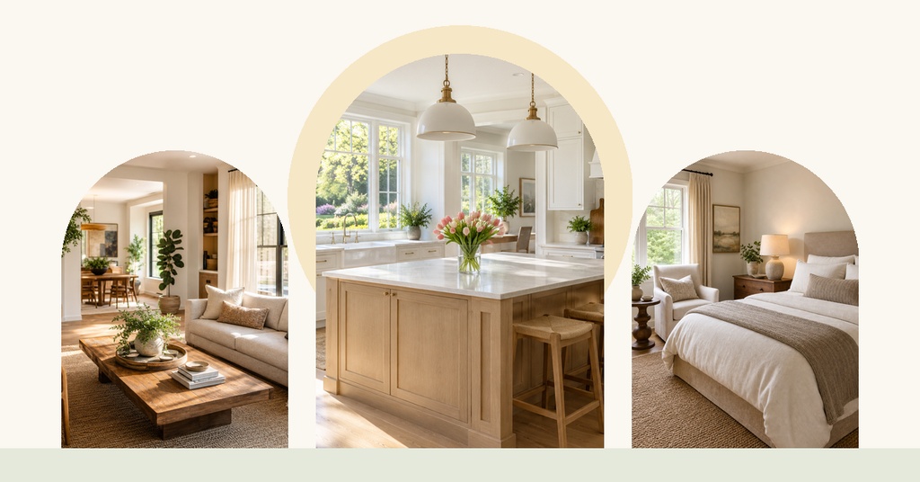 Three arched photos showing a bright living room, kitchen, and bedroom in a stylish home