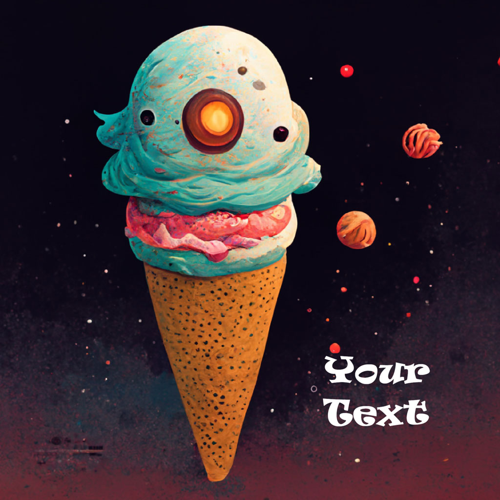 A fantastical ice cream cone with a waffle cone and multiple scoops of ice cream, set against a starry background.