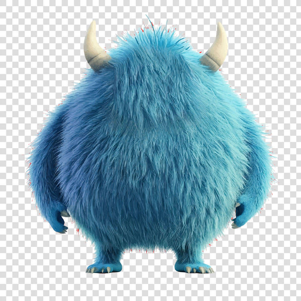 A blue, furry monster with two horns and sharp claws on a white background.