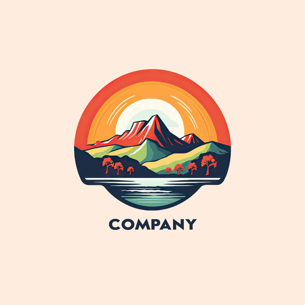 Company logo with mountain and sunset design