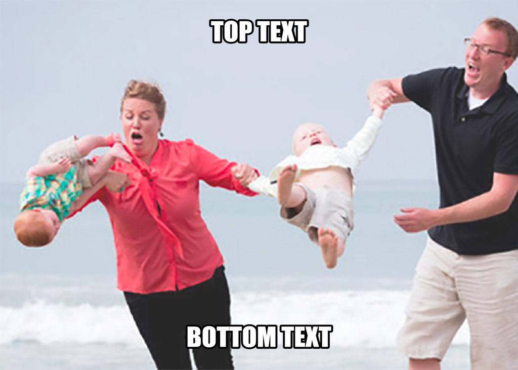 Man and woman holding babies upside down by their legs on a beach