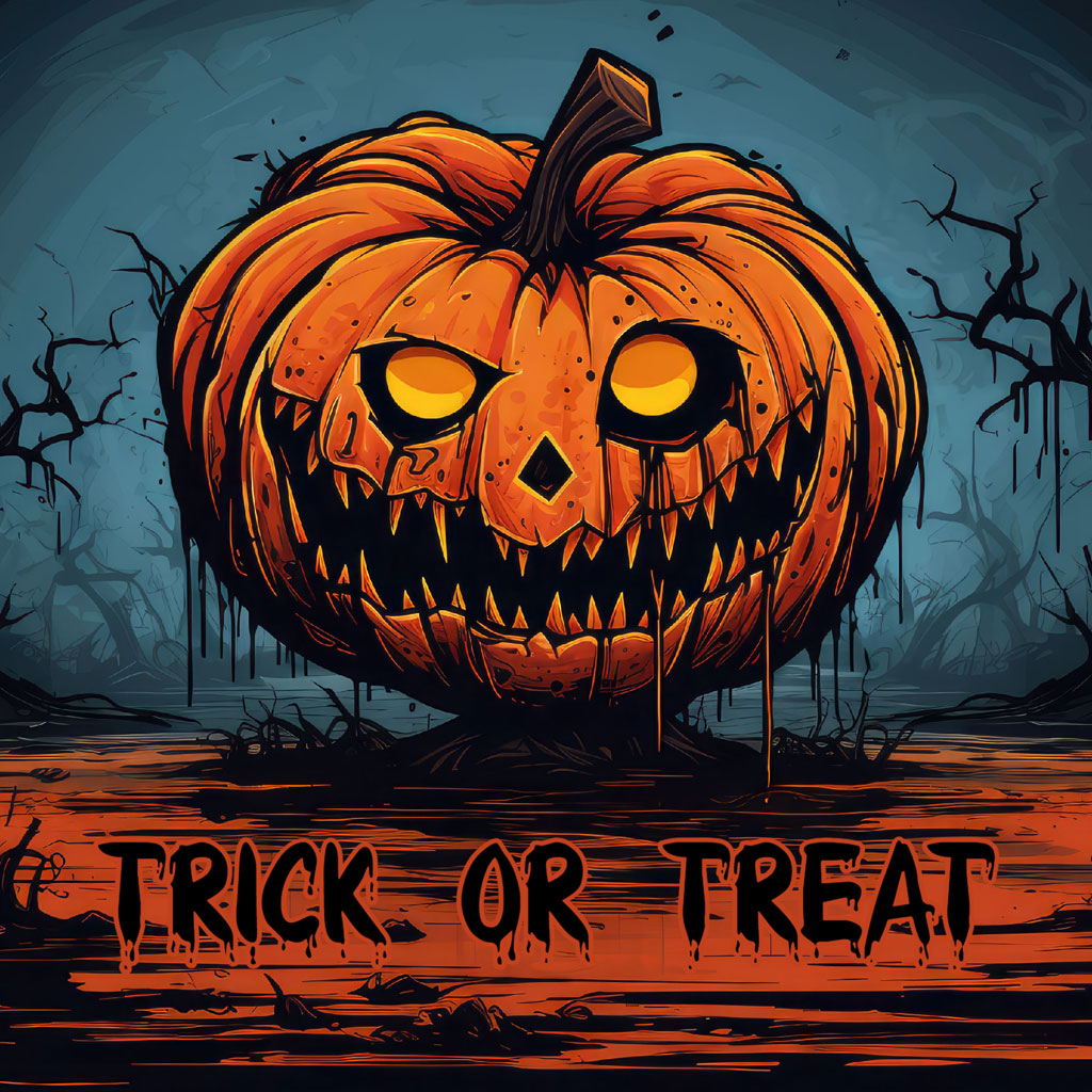 A large, carved pumpkin with glowing eyes and a menacing grin, set against a dark and eerie background with bare trees.