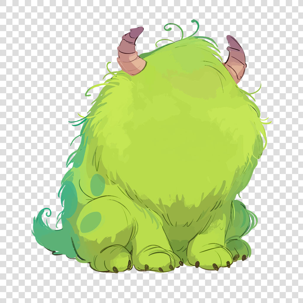 A cartoon illustration of a green, furry monster with two horns and a fluffy tail.
