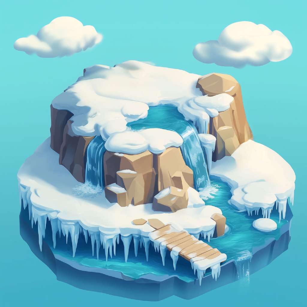 Isometric illustration of a snowy island with a waterfall and wooden dock