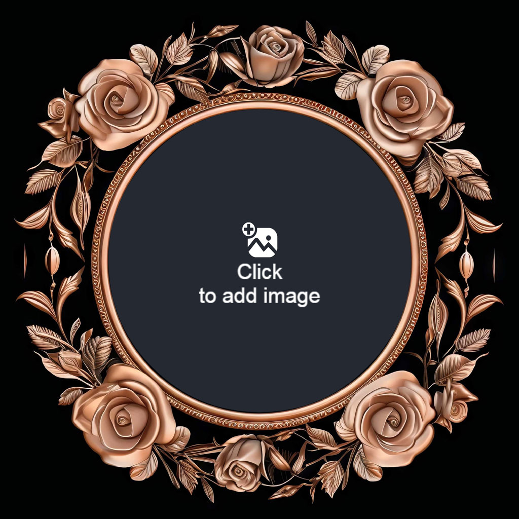 Rose gold circular frame with floral embellishments on a black background