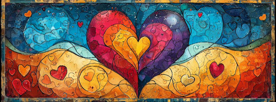 A colorful abstract artwork with intertwined hearts