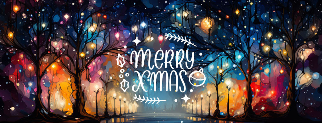 Merry Christmas illustration with glowing trees and ornaments