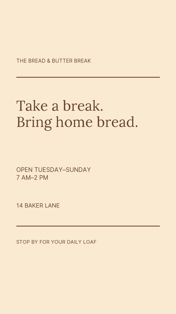 Minimal beige Instagram story with bakery text, lines, opening hours, and a call to action.