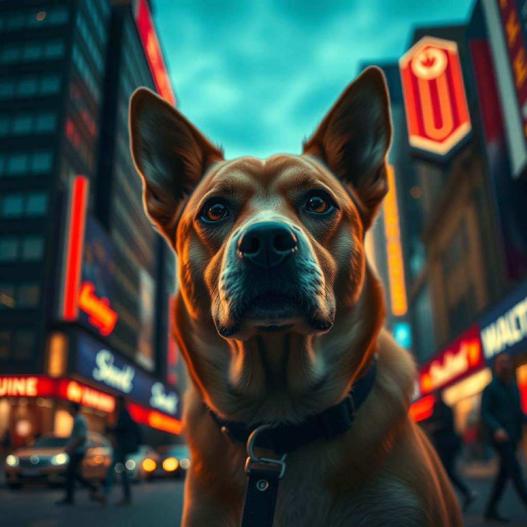 A man and woman in formal attire standing face-to-face in a bustling city at night.