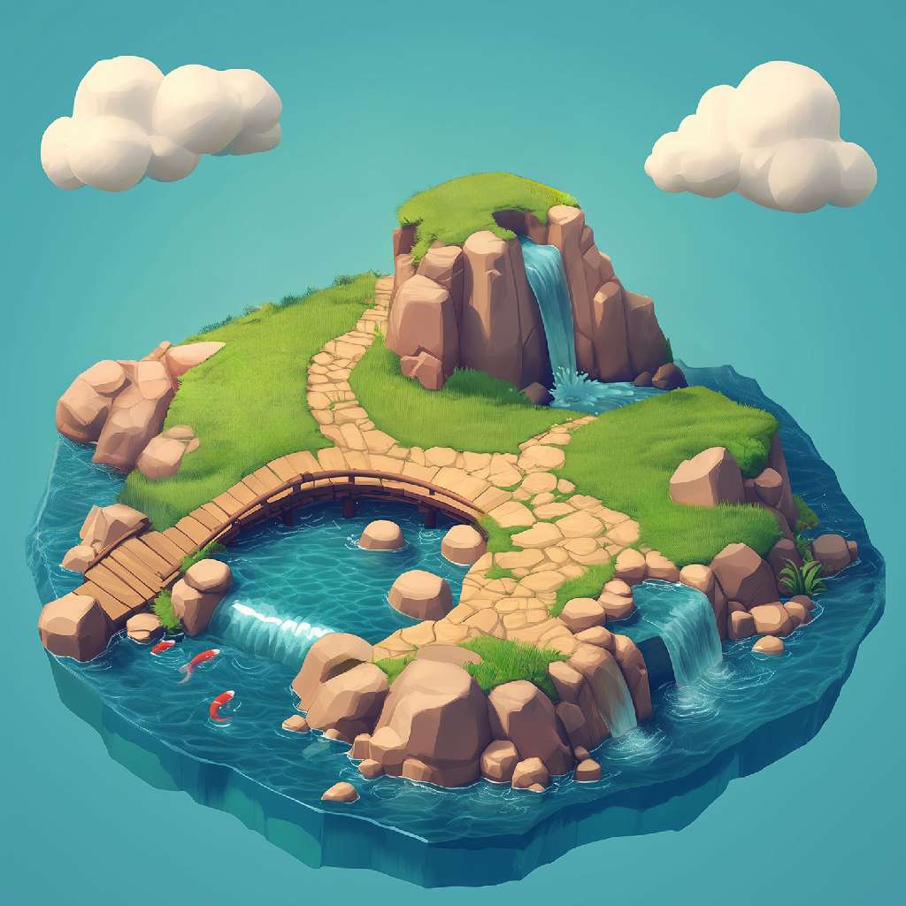 A cartoon island with a waterfall and pond surrounded by rocks and greenery