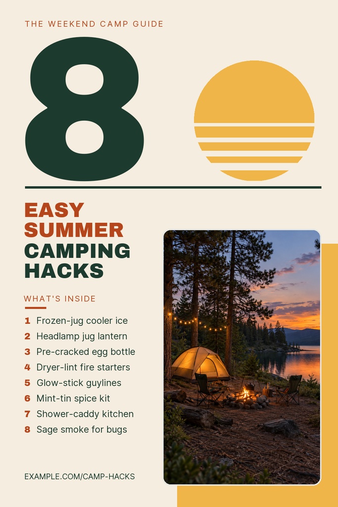 Pinterest-style camping tips pin with a large number eight and a campsite photo at sunset.