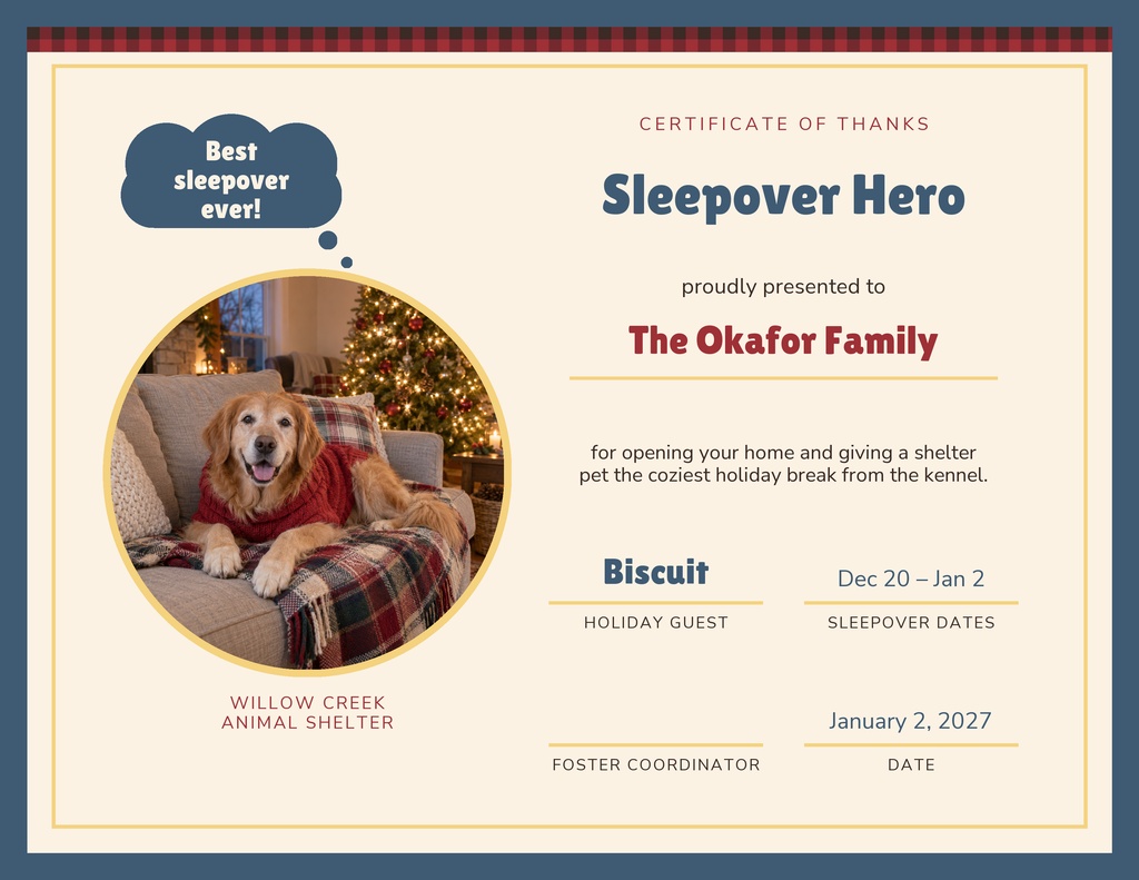 Preview for Holiday Sleepover Fosters Keepsake Certificate Template