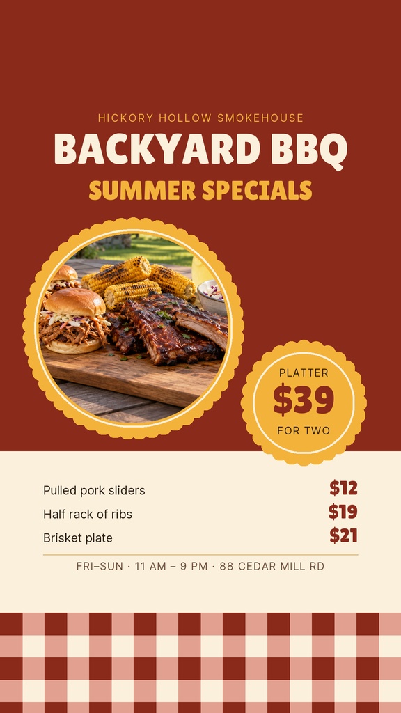 Instagram Story template with BBQ platter photo, specials prices, and plaid footer.