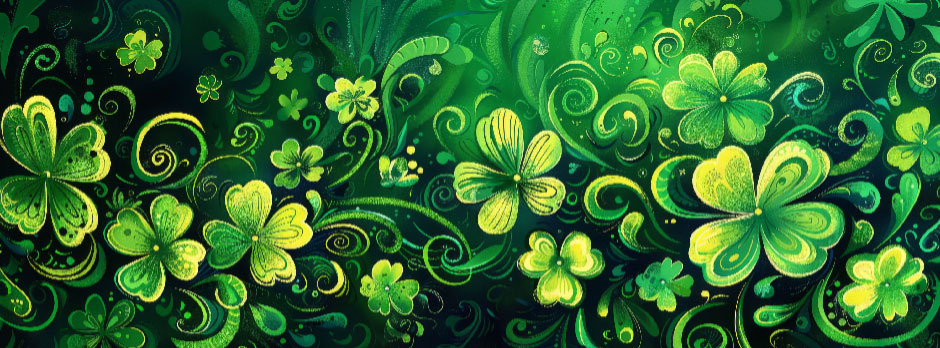 Stylized green floral pattern with shamrocks and swirling motifs