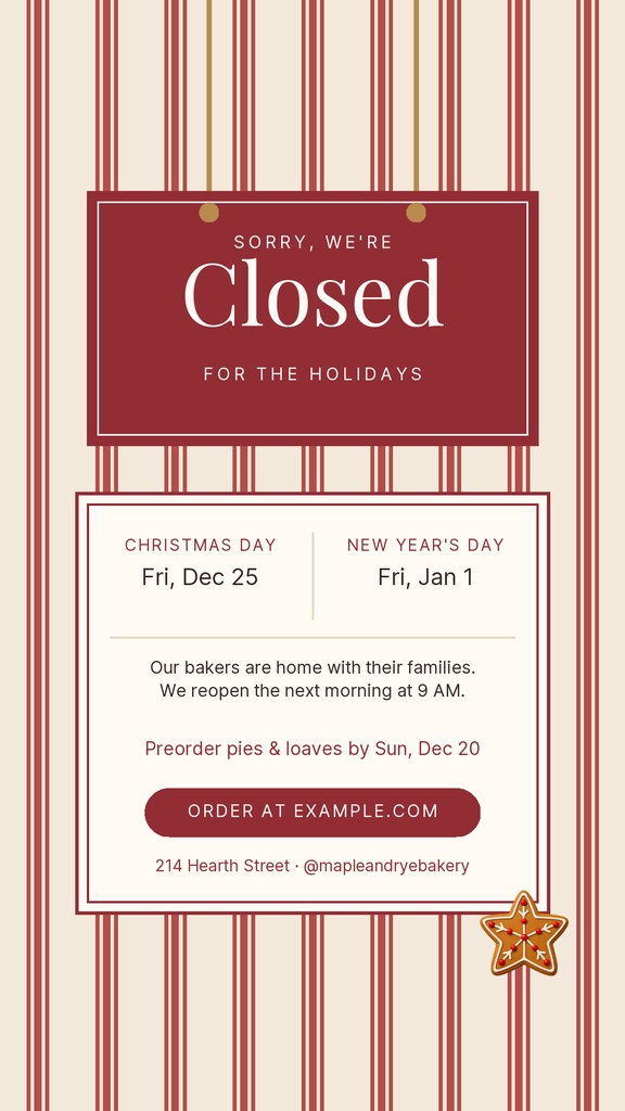 Portrait holiday hours Instagram Story with red and cream stripes, a closed notice, and bakery hours details.