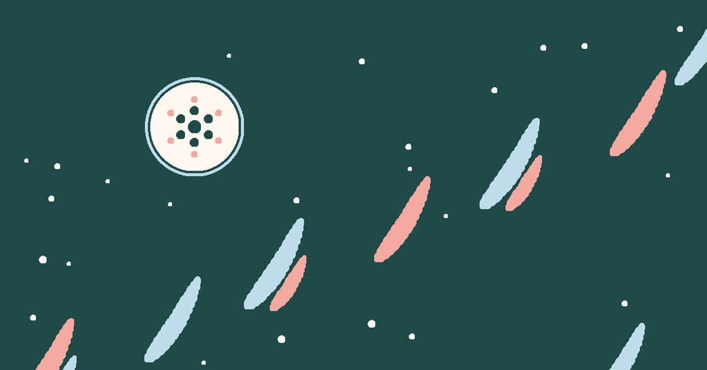Dark green banner with scattered white dots and diagonal pink and blue brush strokes