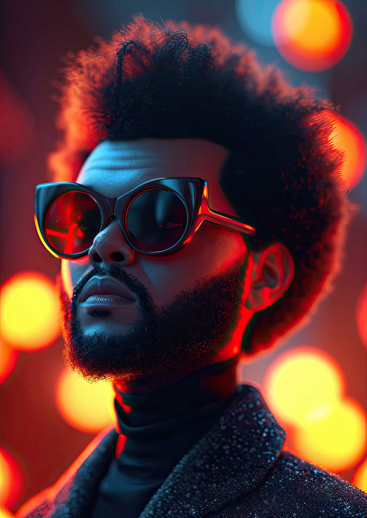 A man with dark skin and afro hair wearing sunglasses and a black turtleneck.