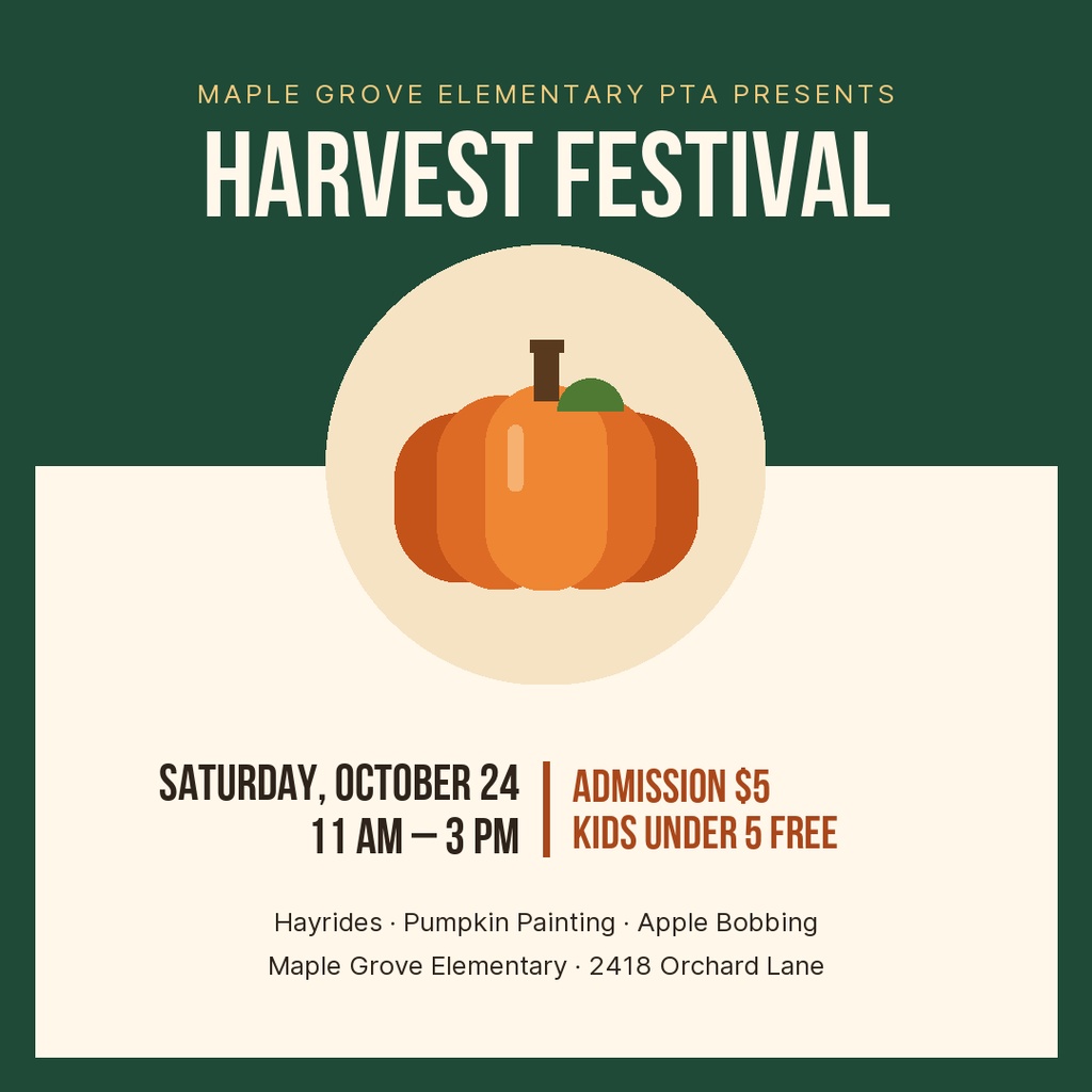 Square harvest festival flyer with a pumpkin illustration and event details on a dark green background.