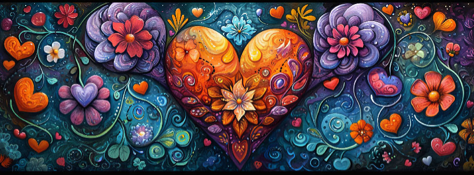 A large, orange heart with floral patterns and surrounding flowers on a blue background.