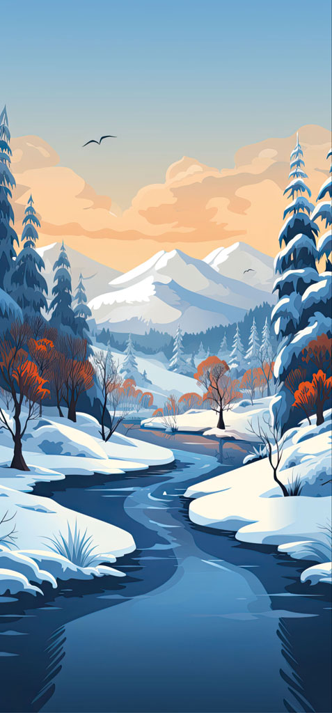 Illustration of a snowy landscape with mountains and a river