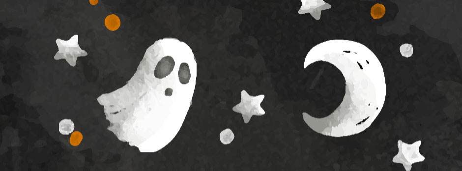 A white ghost and crescent moon amidst stars on a dark background.