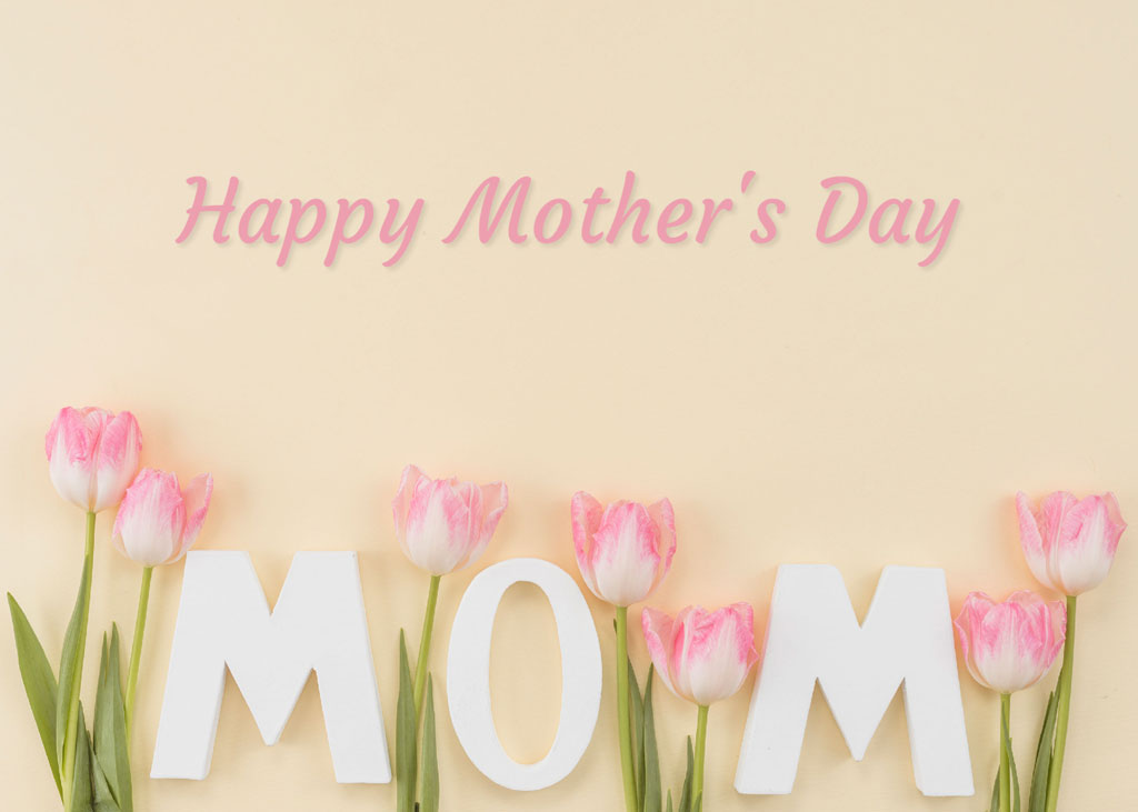 Happy Mother's Day greeting with pink tulips spelling out 'MOM'