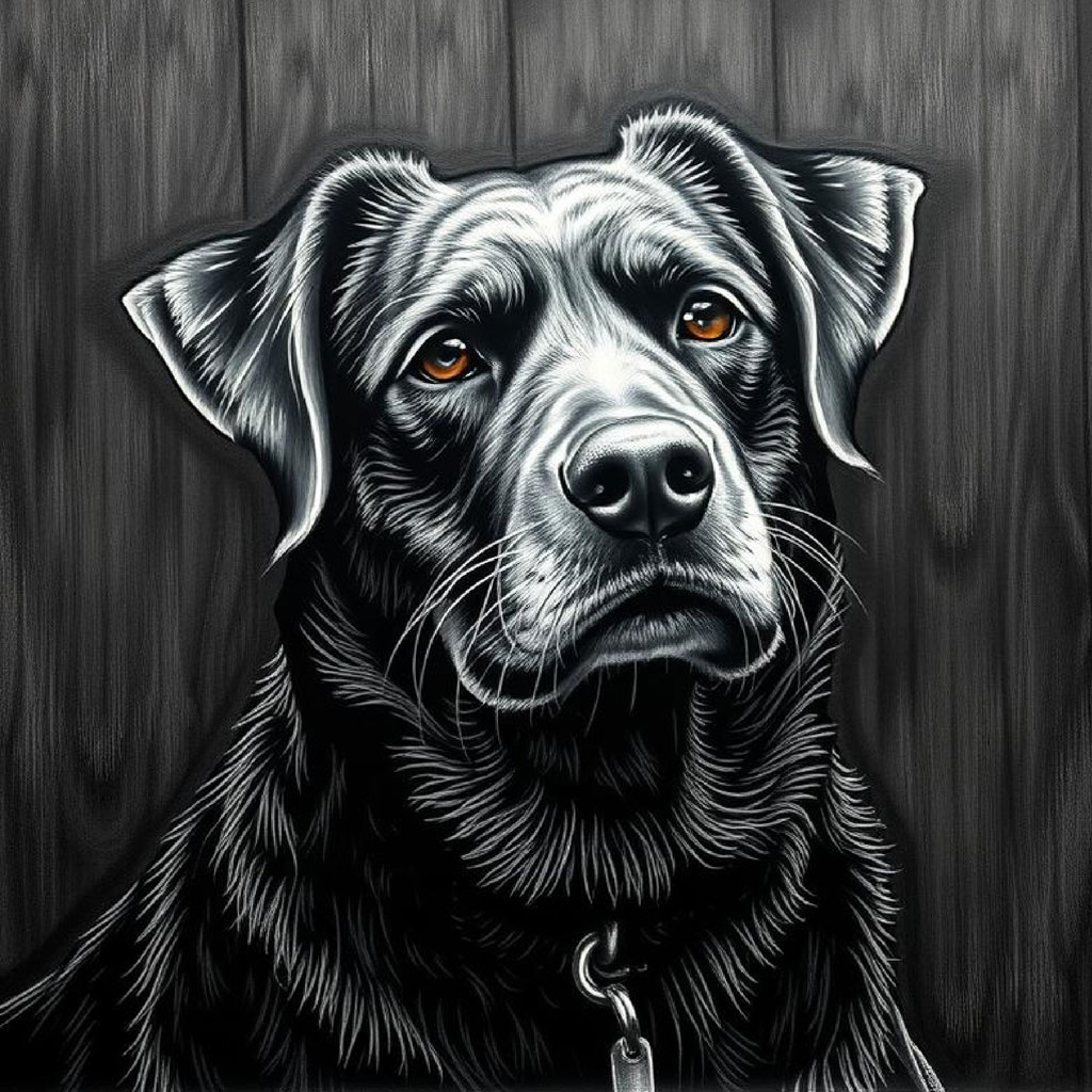 Detailed black and white illustration of a black dog with brown eyes