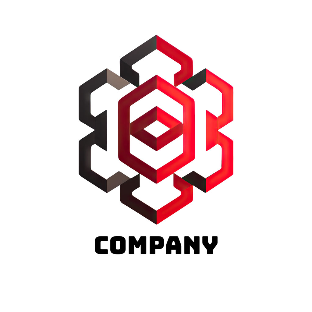 Stylized company logo with red and black hexagons