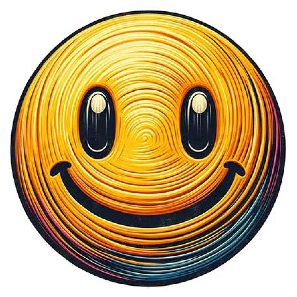 A stylized yellow smiley face with a spiral design and black outline