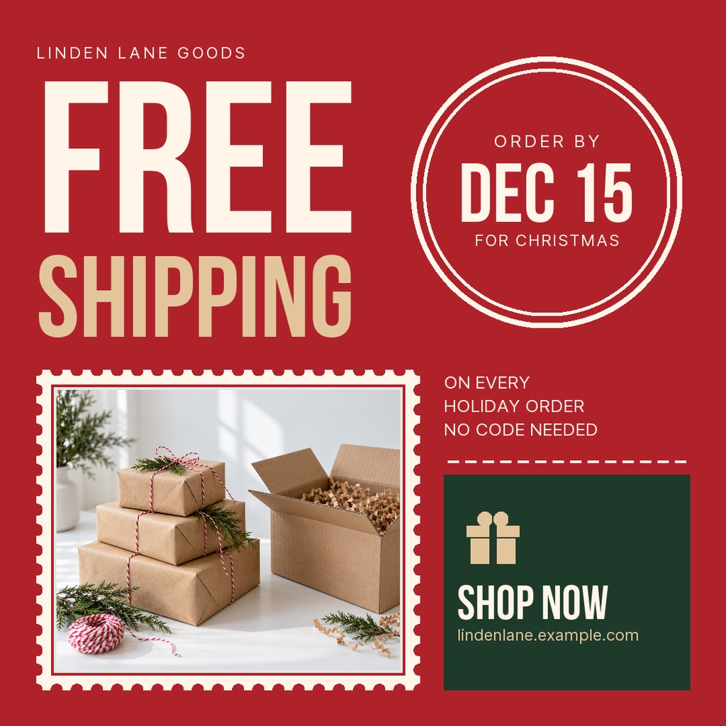 Square holiday sale post with free shipping text, shipping deadline, and gift boxes beside a package scene.