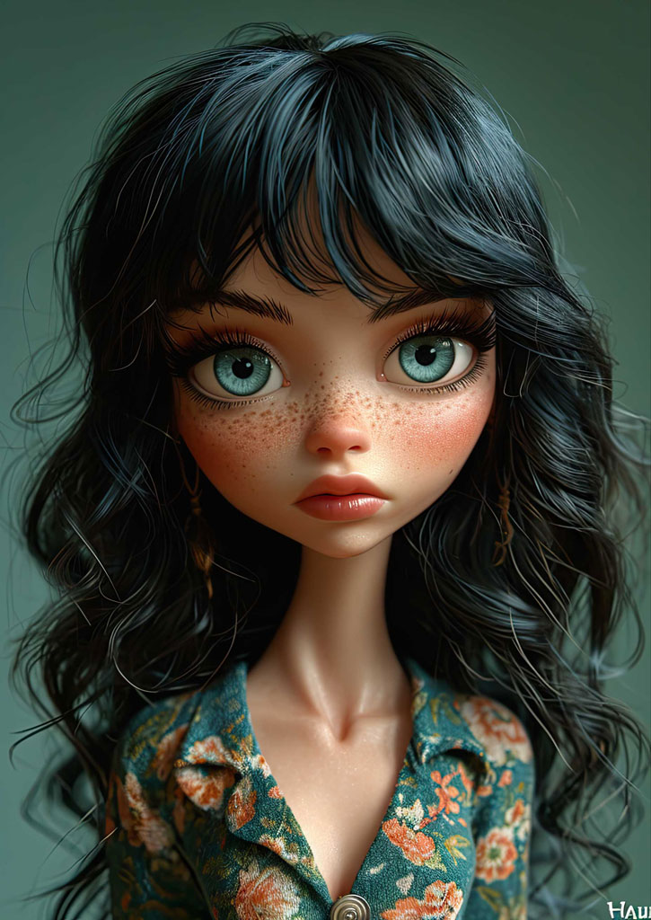 Digital art portrait of a young woman with blue eyes and dark hair