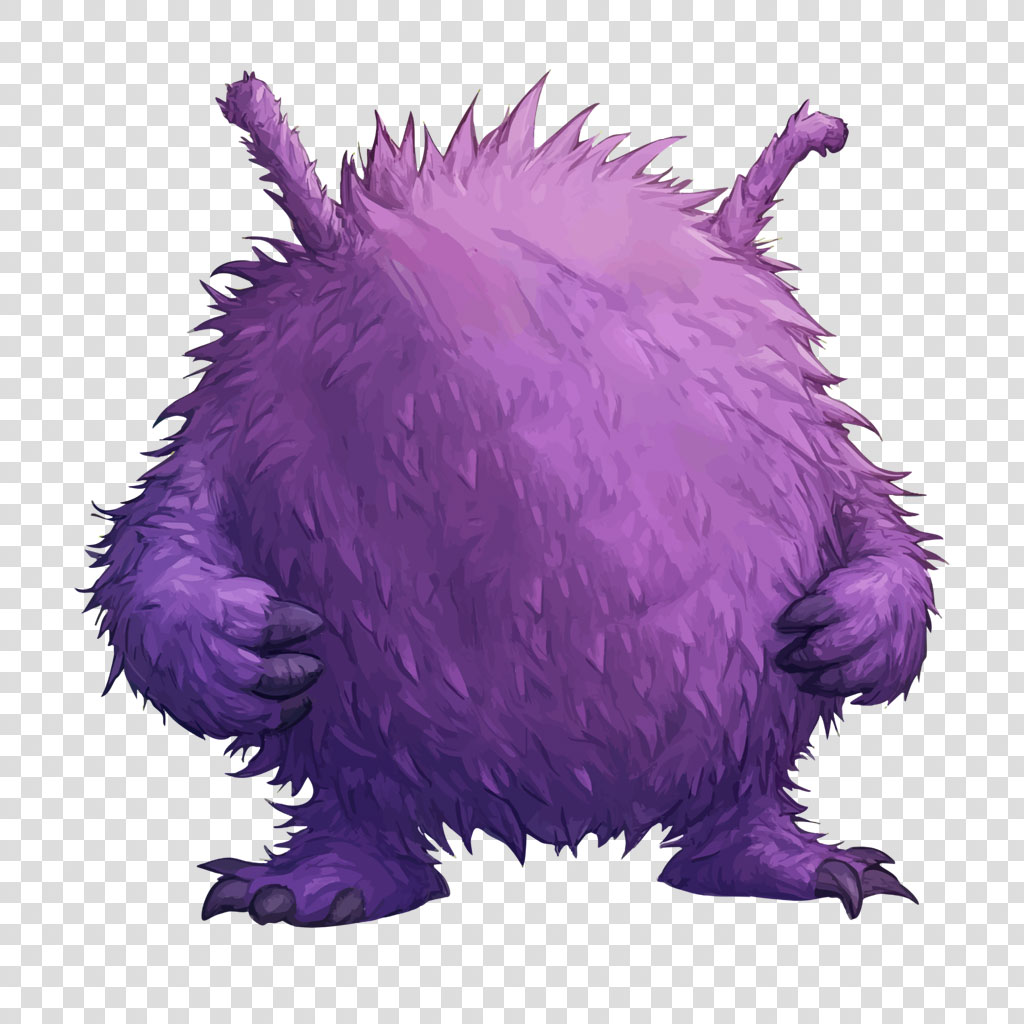 A purple, furry creature with a round body and spiky fur, standing on three legs.