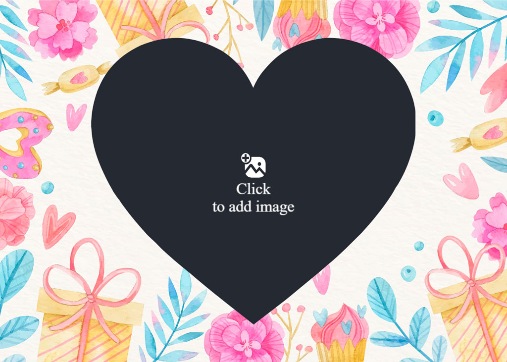 A heart-shaped graphic surrounded by flowers and gift boxes