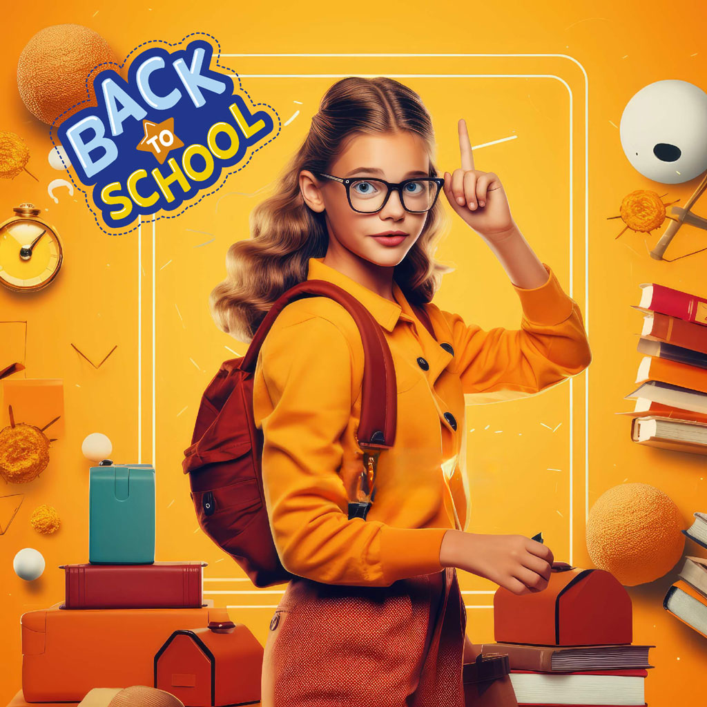 Young girl with backpack and lightbulb