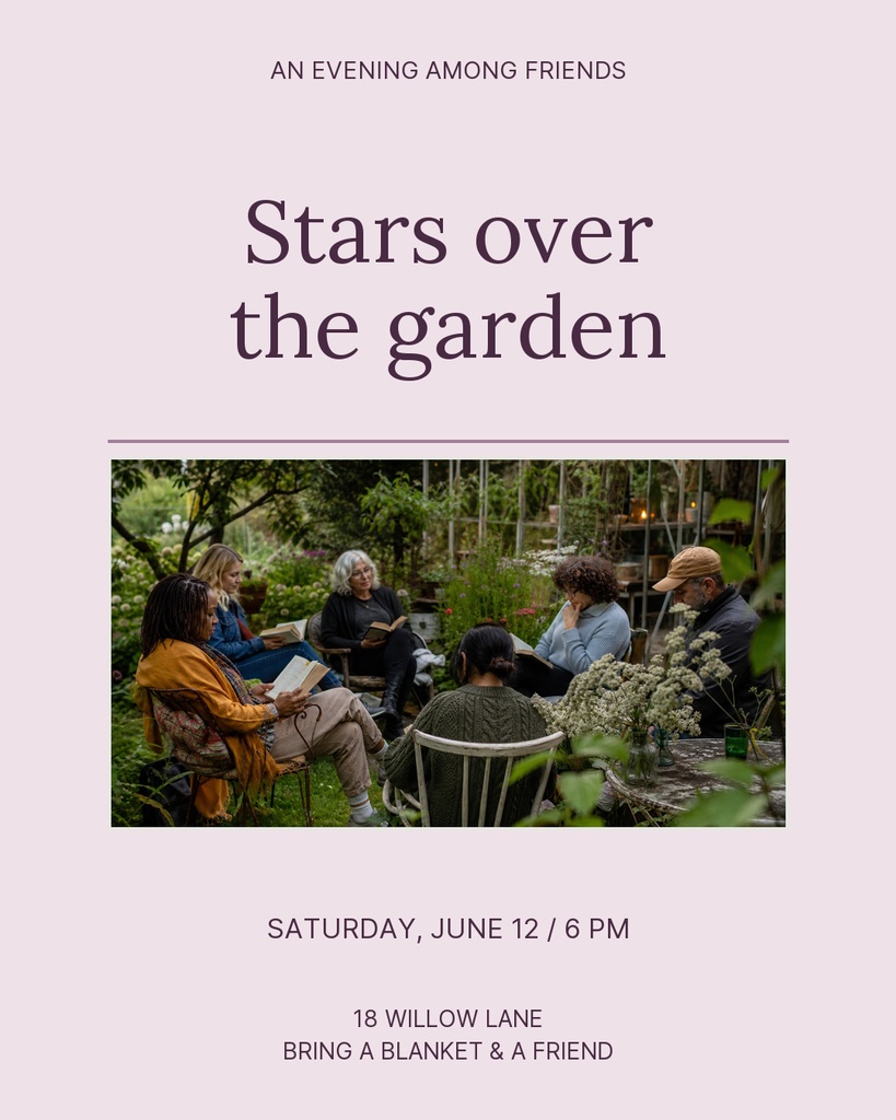 Portrait poster with a group seated in a garden and the title Stars over the garden.