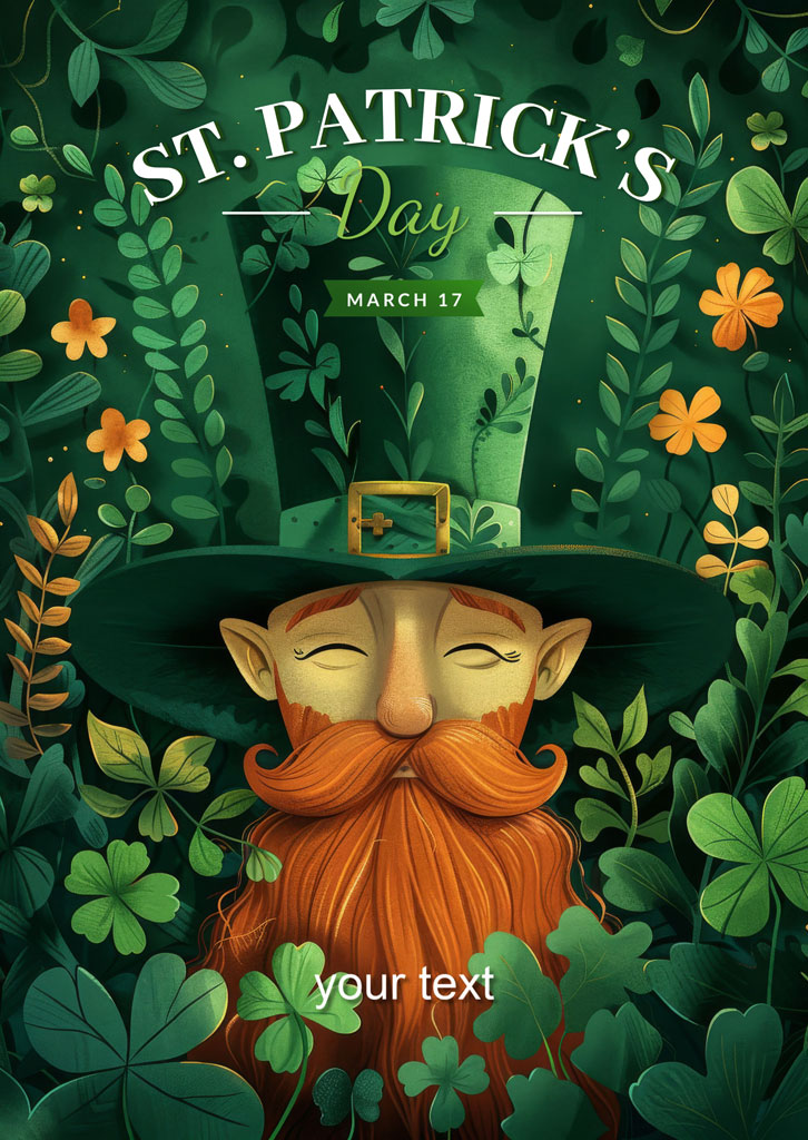 Illustration of a serene leprechaun with a long beard and hat, surrounded by leaves and flowers.