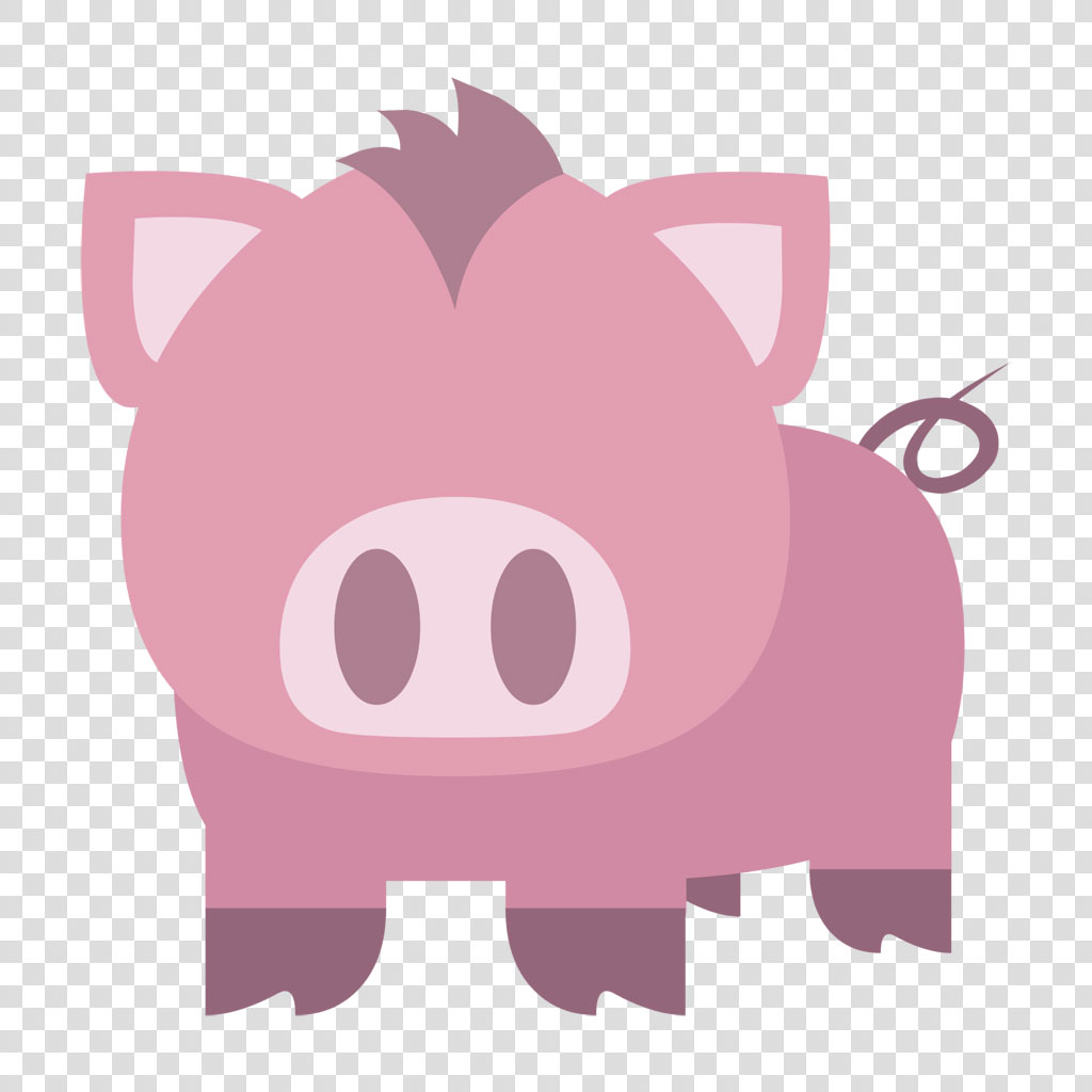Cartoon pink pig with curly tail
