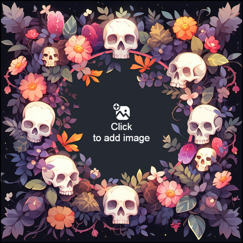 Colorful floral wreath with skulls on black background