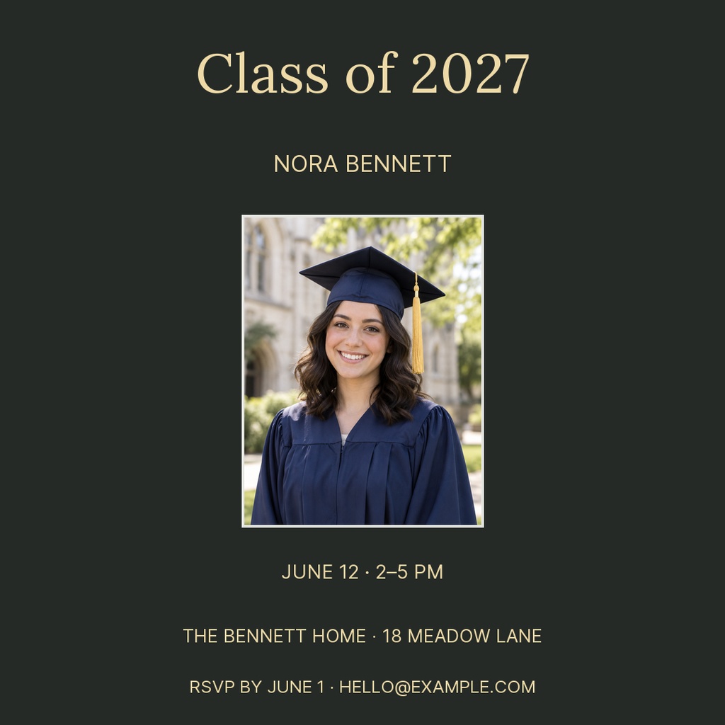 Square graduation invitation with Class of 2027 text and a graduate portrait on a dark background.