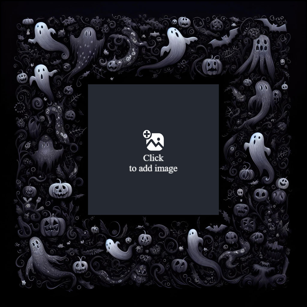 Halloween-themed frame with ghosts and pumpkins