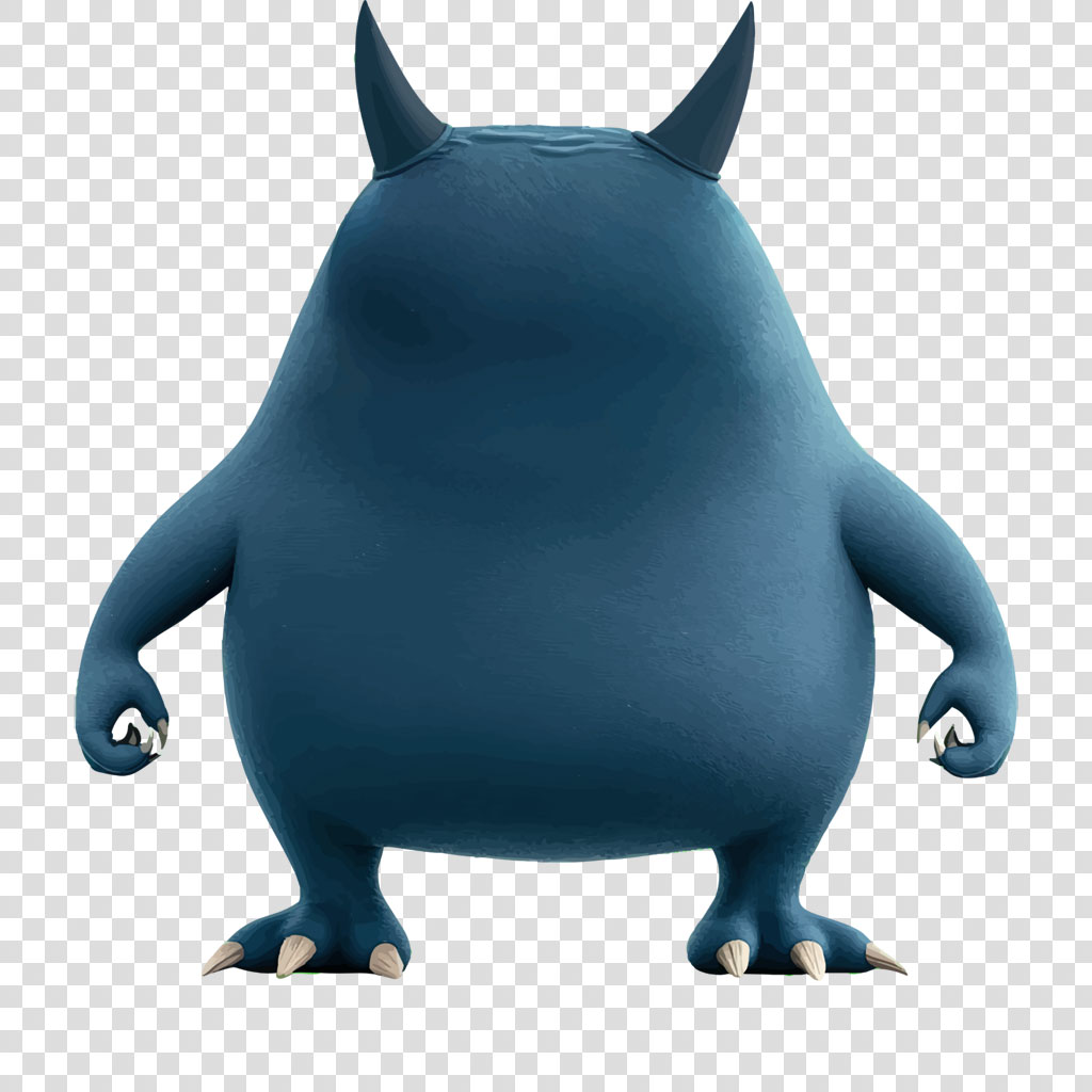 A blue monster with two horns and sharp claws on its hands and feet.