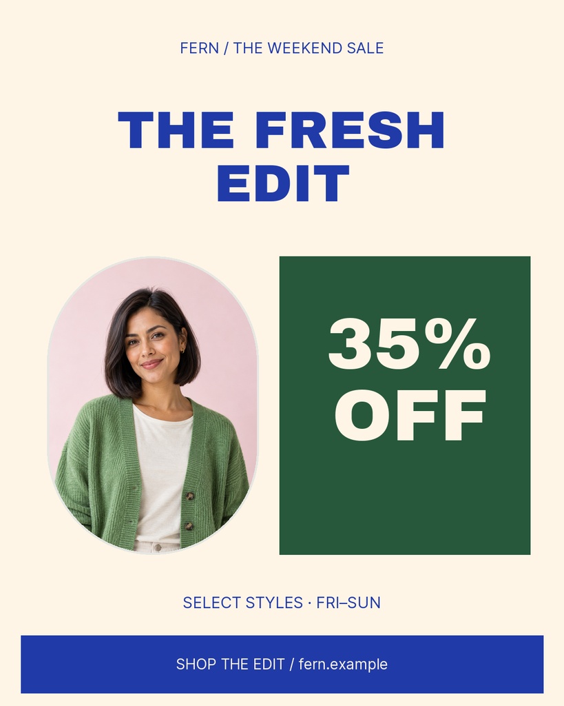 Portrait fashion sale post with a woman, 35% off block, and cream and green layout.