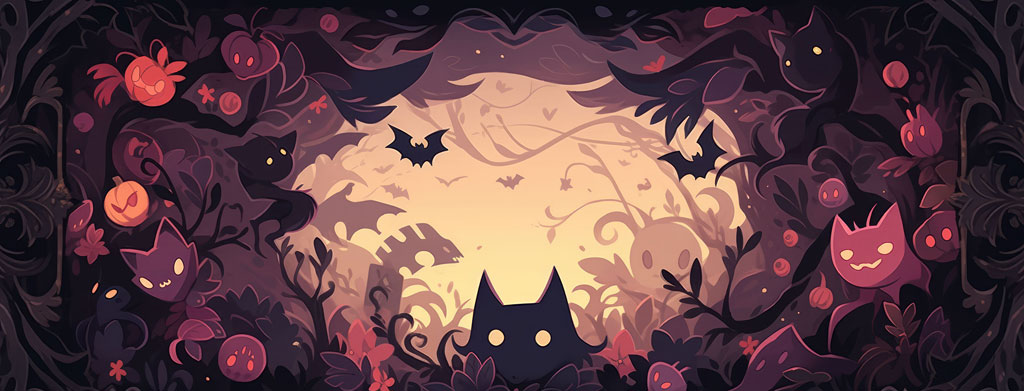 Halloween illustration with a black cat and bats