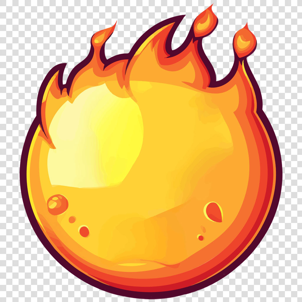 A cartoon fireball with yellow center and orange flames