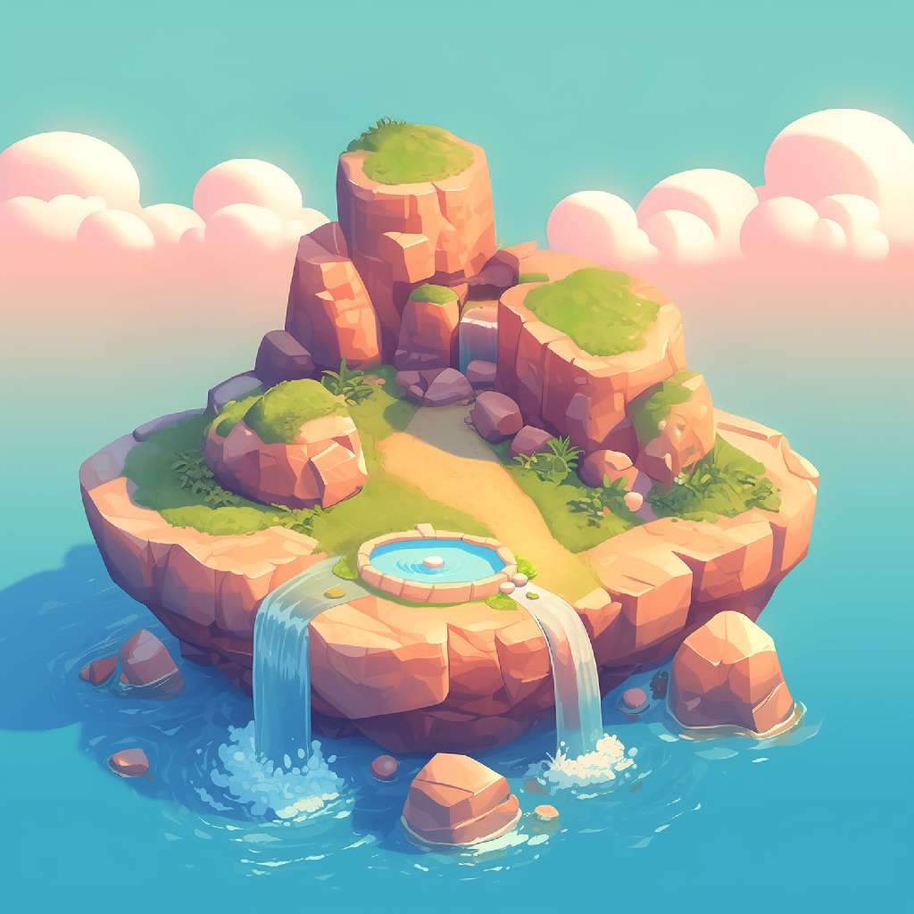 A cartoon island with a pond and waterfalls in the ocean