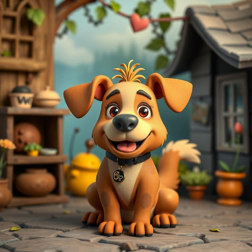 A smiling cartoon dog with a black collar and tag sitting on a cobblestone path in front of a small village house.