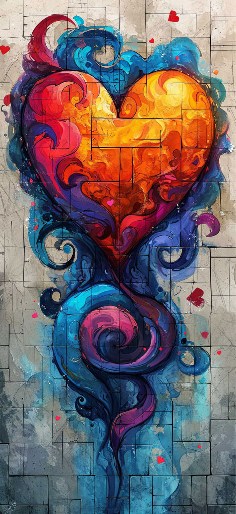 A vibrant heart-shaped mural with swirling patterns and abstract designs on a stone tile background.