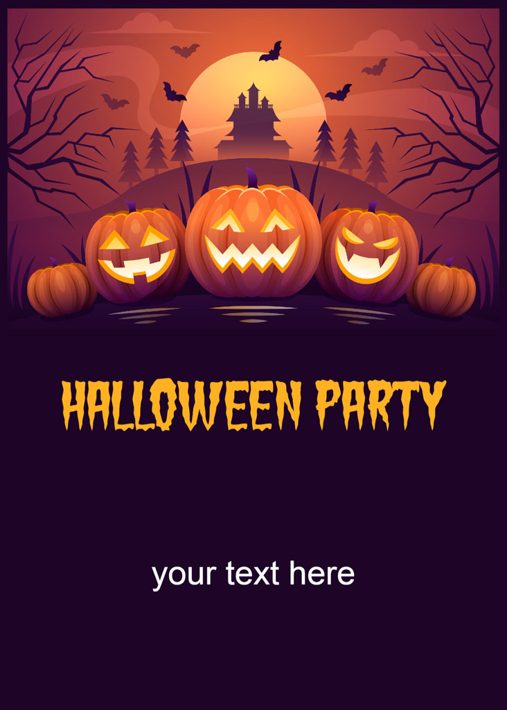 Halloween party invitation with carved pumpkins and a haunted landscape